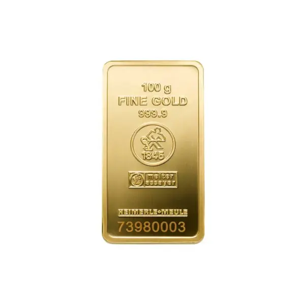 100 g Goldbarren (geprägt) – Heimerle + Meule