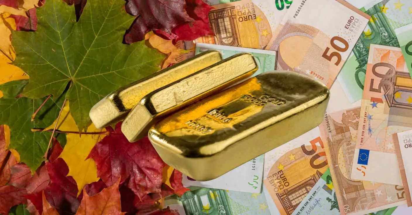 Herbst, Bl&auml;tter, Goldbarren und Euro-Geldscheine